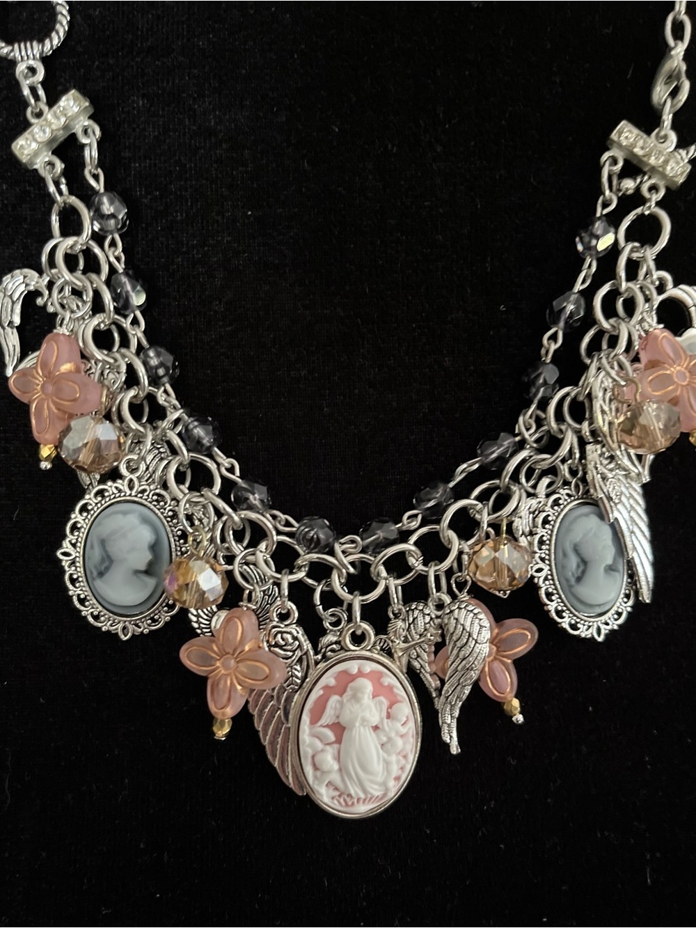 Angel & Cameo Charm Bracelet Pink Gray Jet Crystals